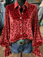 Women's Purple Leopard Print Lantern Sleeve Velvet Top