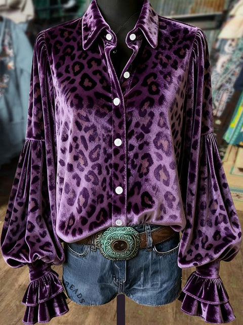 Women's Purple Leopard Print Lantern Sleeve Velvet Top