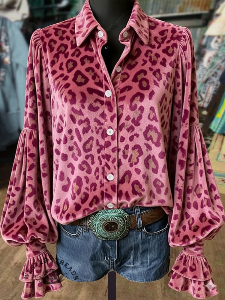 Women's Purple Leopard Print Lantern Sleeve Velvet Top