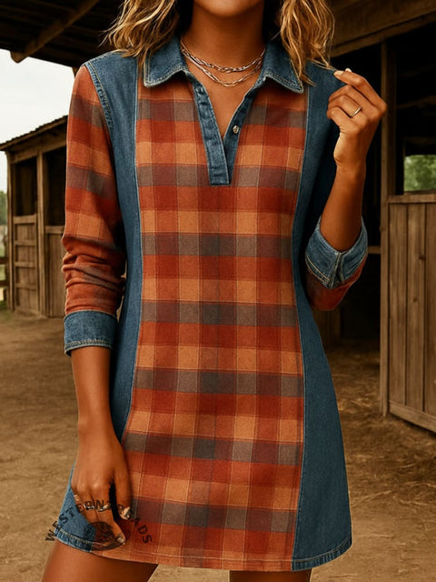 Women's Plaid Panel Washed Denim Long-sleeved Dress