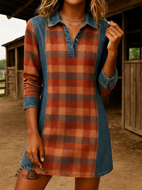 Women's Plaid Panel Washed Denim Long-sleeved Dress