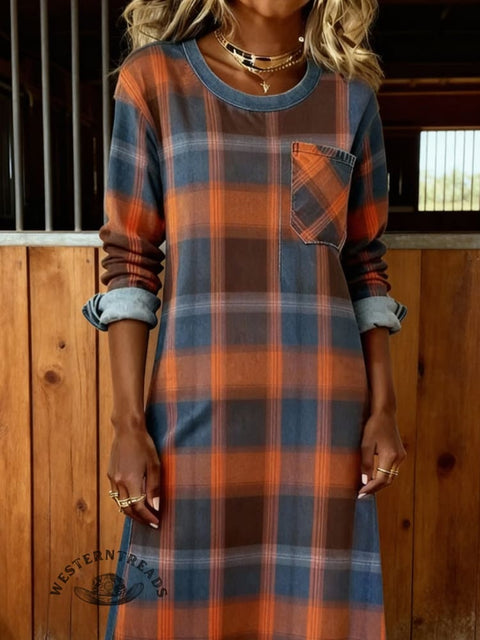 Women's Plaid Panel Washed Denim Long-sleeved Dress