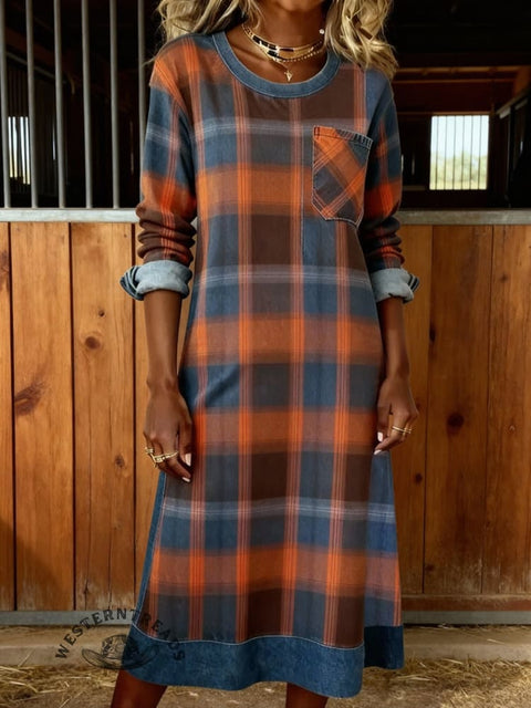 Women's Plaid Panel Washed Denim Long-sleeved Dress