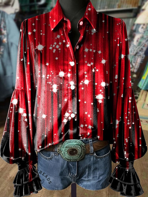 Women's Christmas Sparkle Print Velvet Balloon Sleeve Shirt