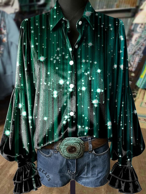 Women's Christmas Sparkle Print Velvet Balloon Sleeve Shirt