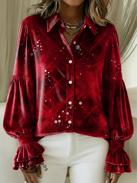 Women's Christmas Red Plaid Print Velvet Lantern Sleeve Shirt