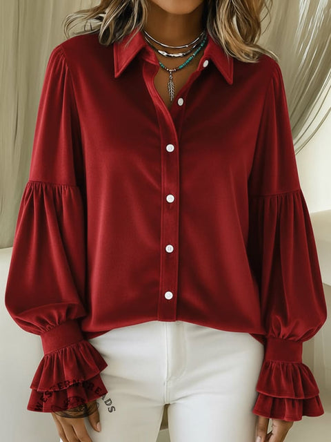 Women's Christmas Solid Velvet Lantern Sleeve Shirt
