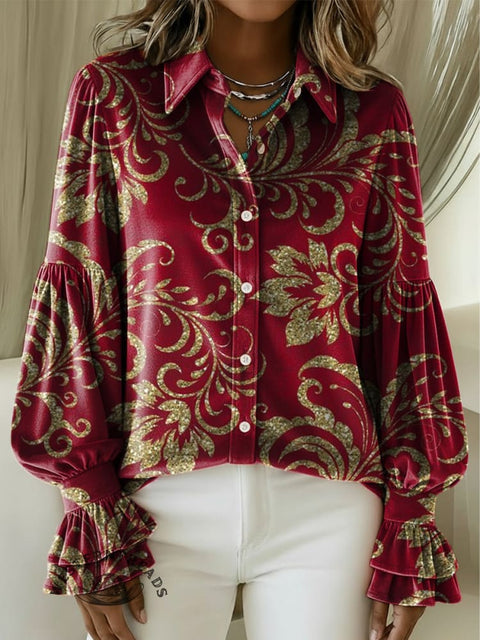 Women's Christmas Red Print Velvet Lantern Sleeve Shirt