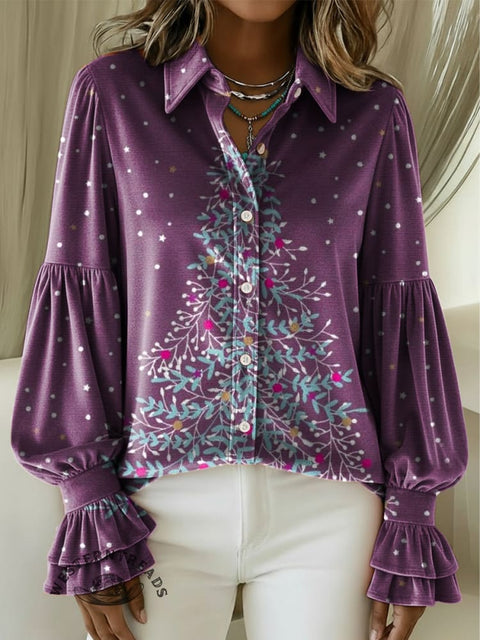 Women's Christmas Tree Print Velvet Lantern Sleeve Shirt