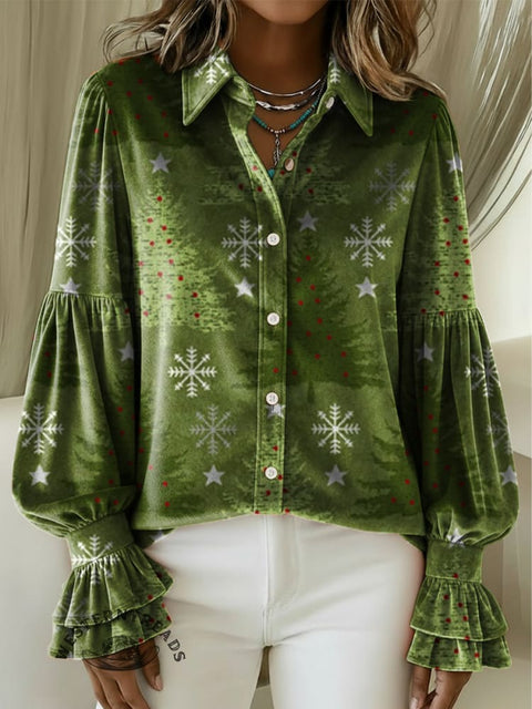 Women's Christmas Tree Print Velvet Lantern Sleeve Shirt
