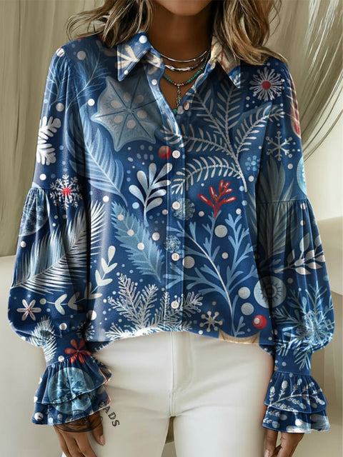 Women's Christmas Print Velvet Lantern Sleeve Shirt