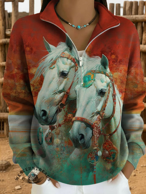 Horse Print Casual Long Sleeve Zip Sweatshirt