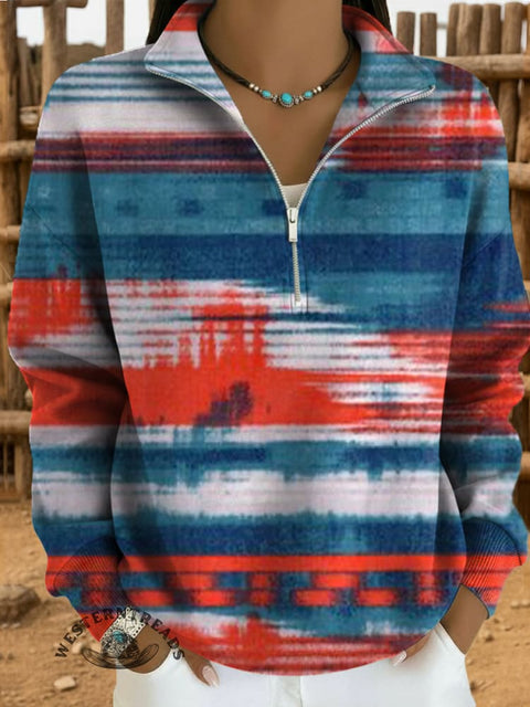 Colorful Art Print Casual Long Sleeve Zip Sweatshirt