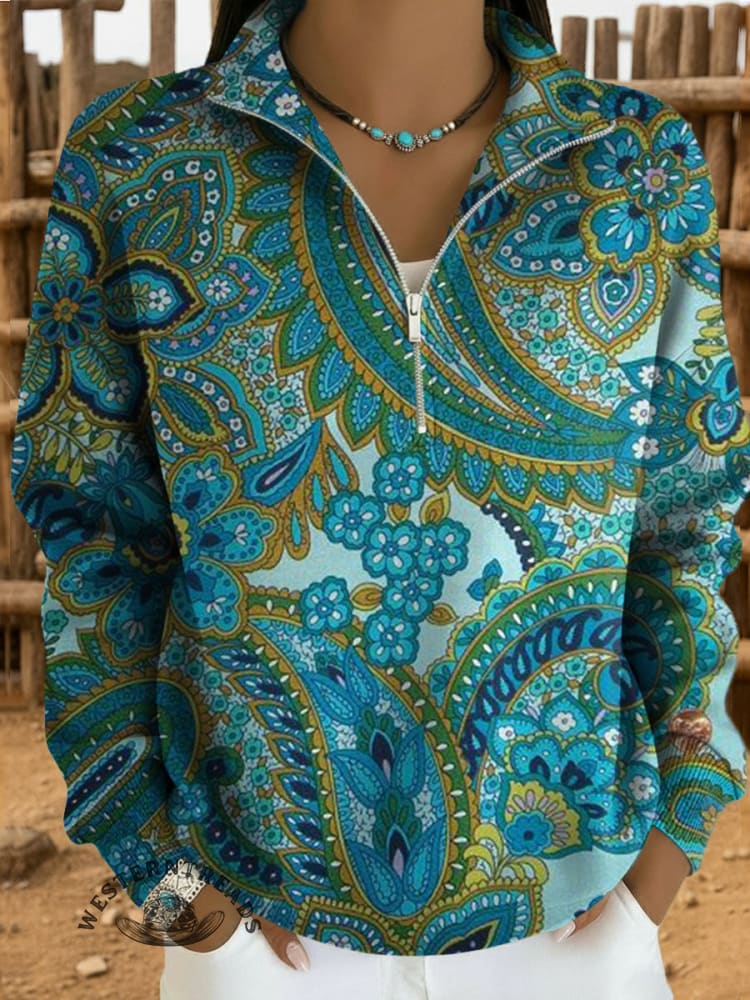 Paisley Print Casual Long Sleeve Zip Sweatshirt