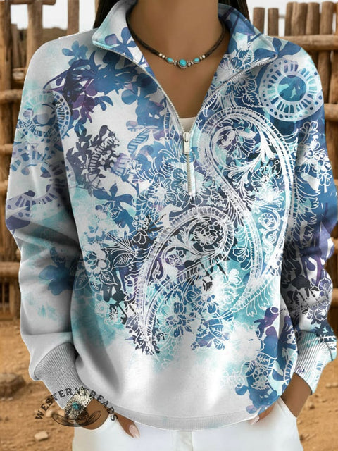 Paisley Print Casual Long Sleeve Zip Sweatshirt