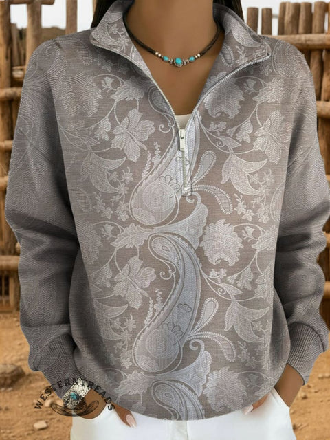 Paisley Print Casual Long Sleeve Zip Sweatshirt