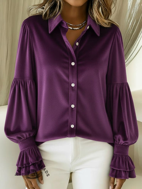 Women's Christmas Solid Velvet Lantern Sleeve Shirt
