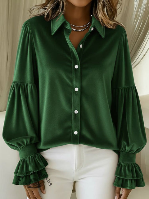 Women's Christmas Solid Velvet Lantern Sleeve Shirt