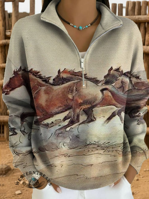 Horse Print Casual Long Sleeve Zip Sweatshirt