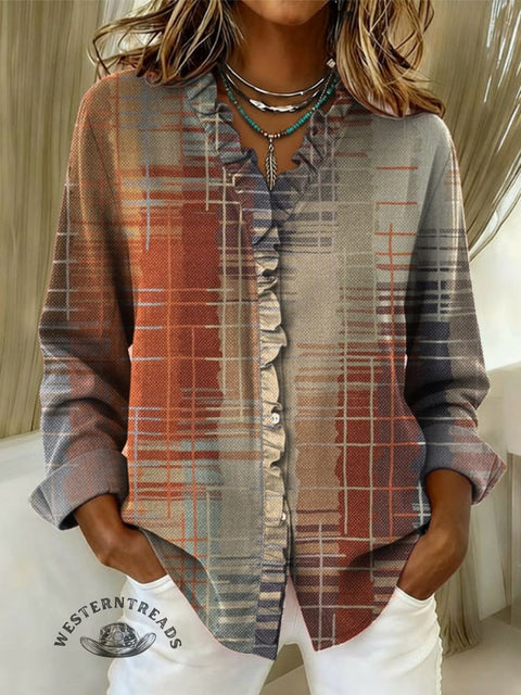 Women's Art Print Casual Cotton And Linen Ruffle Shirt