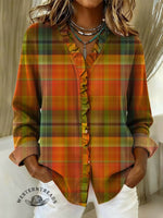 Women's Plaid Print Casual Cotton And Linen Ruffle Shirt