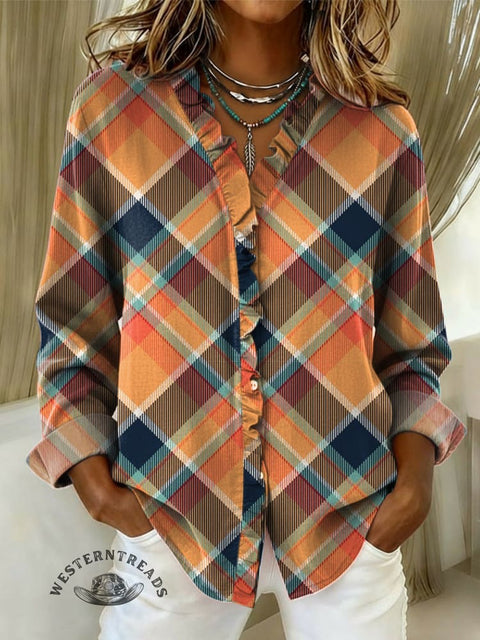 Women's Plaid Print Casual Cotton And Linen Ruffle Shirt