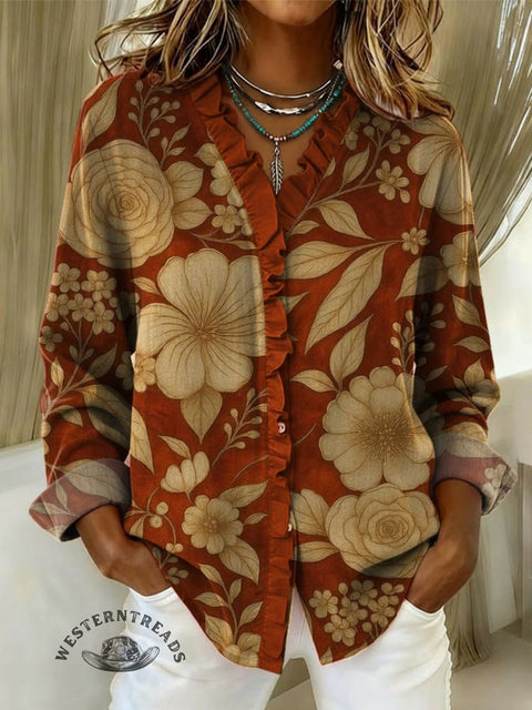 Women's Retro Floral Print Casual Cotton And Linen Ruffle Shirt