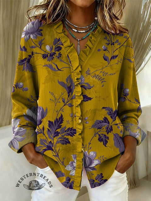 Women's Retro Floral Print Casual Cotton And Linen Ruffle Shirt