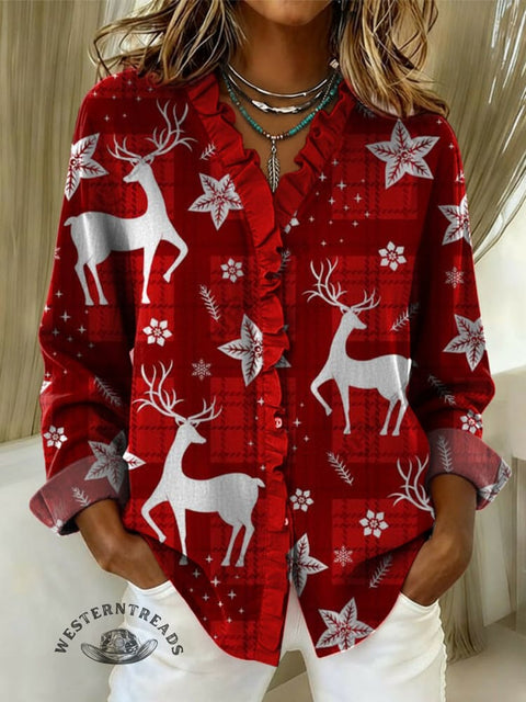 Women's Christmas Print Casual Cotton And Linen Ruffle Shirt