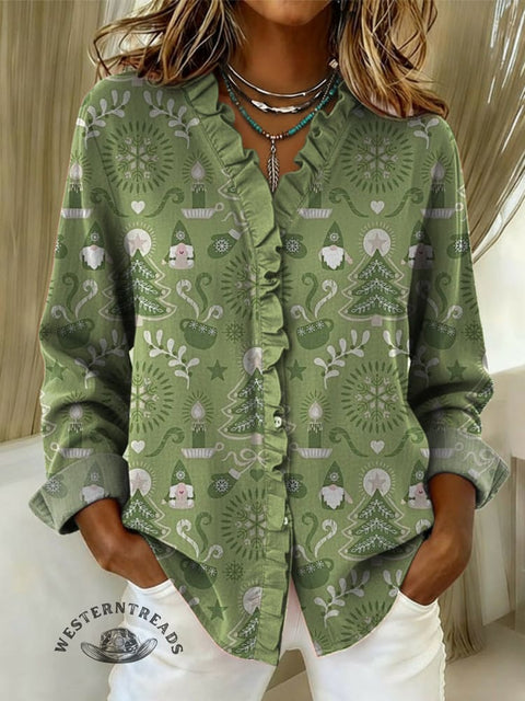 Women's Christmas Print Casual Cotton And Linen Ruffle Shirt