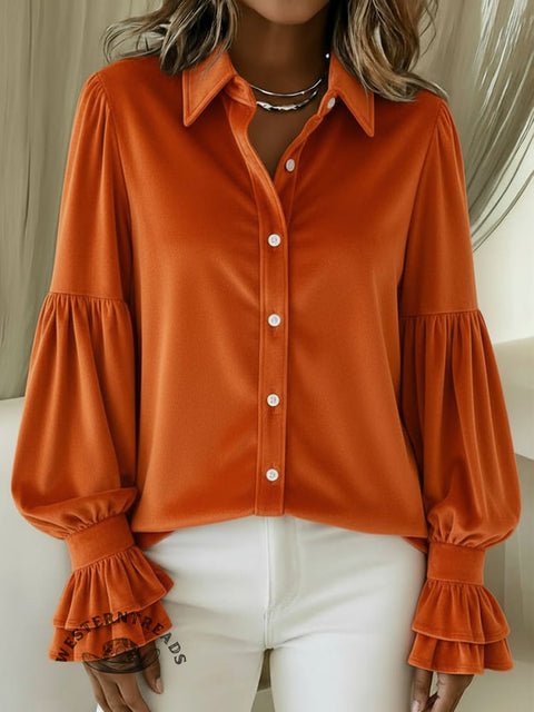 Women's Christmas Solid Velvet Lantern Sleeve Shirt