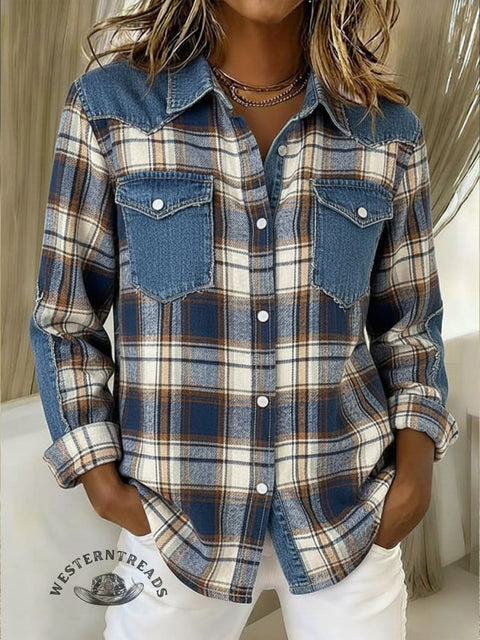 Women's Plaid and Denim Patchwork Casual Cotton Shirt