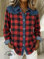 Women's Plaid and Denim Patchwork Casual Cotton Shirt