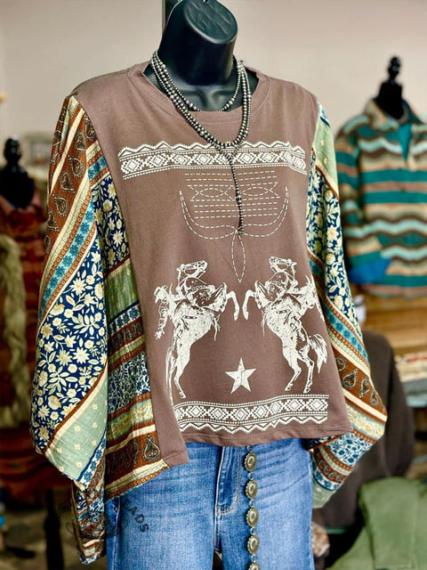 Women's Batwing Sleeve Printed Casual Cotton Top