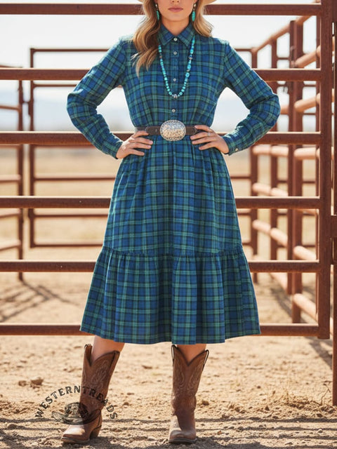 Women's Western Plaid Casual Cotton Dress