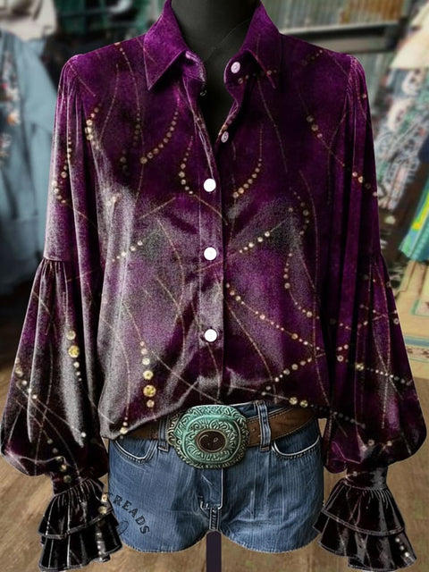 Women's Art Print Lantern-sleeve Velvet Shirt
