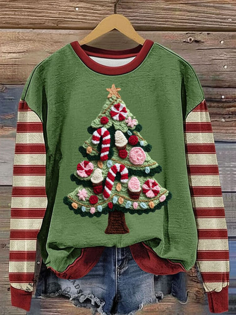 Christmas Tree with Red Stripes Art Print Casual Cotton Sweatshirt