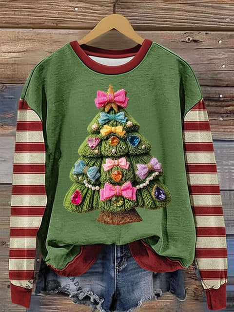Christmas Tree with Red Stripes Art Print Casual Cotton Sweatshirt