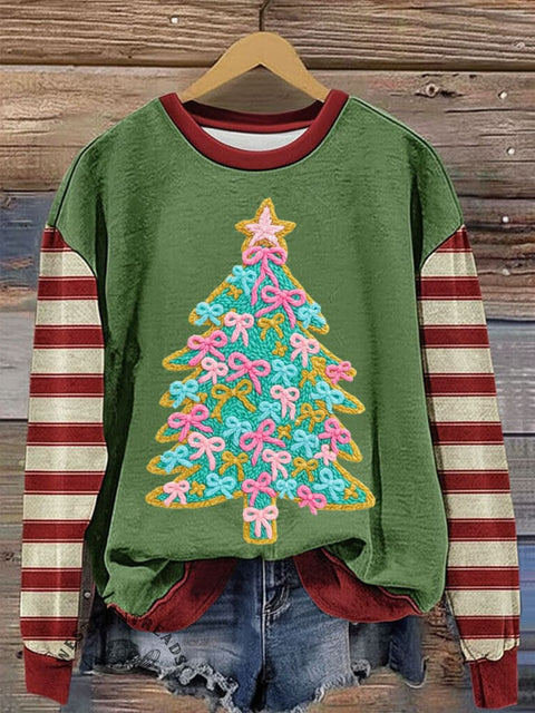 Christmas Tree with Stripes Art Print Casual Cotton Sweatshirt