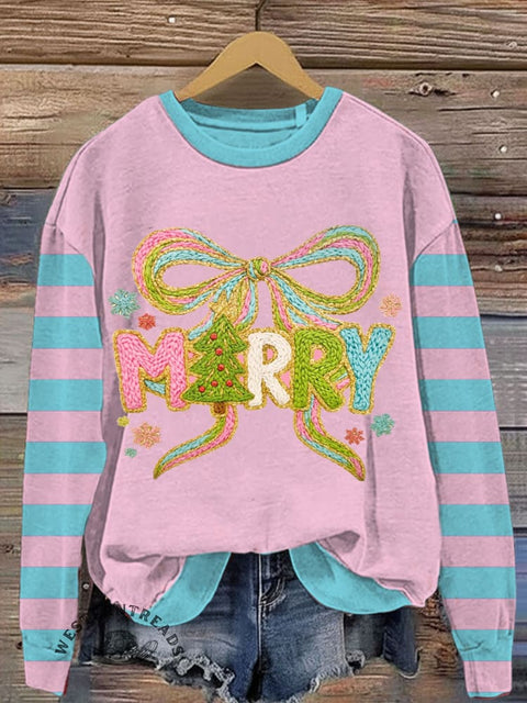 Christmas Bow Tie with Stripes Art Print Casual Cotton Sweatshirt