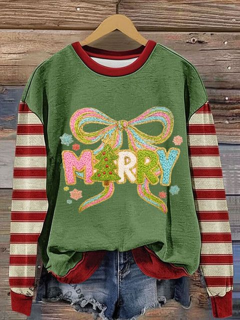 Christmas Bow Tie with Stripes Art Print Casual Cotton Sweatshirt