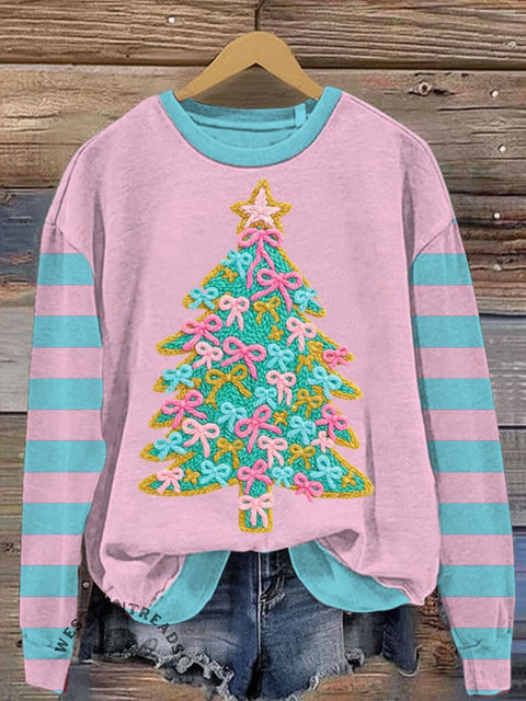 Christmas Tree with Stripes Art Print Casual Cotton Sweatshirt