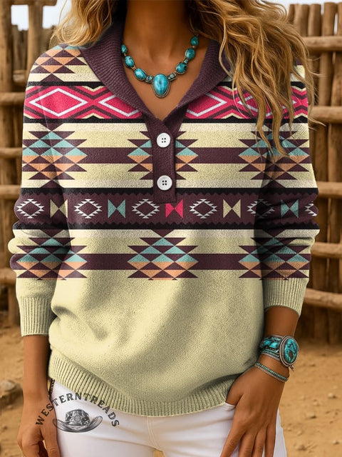 Women's Aztec Print Button-down Pullover Sweater