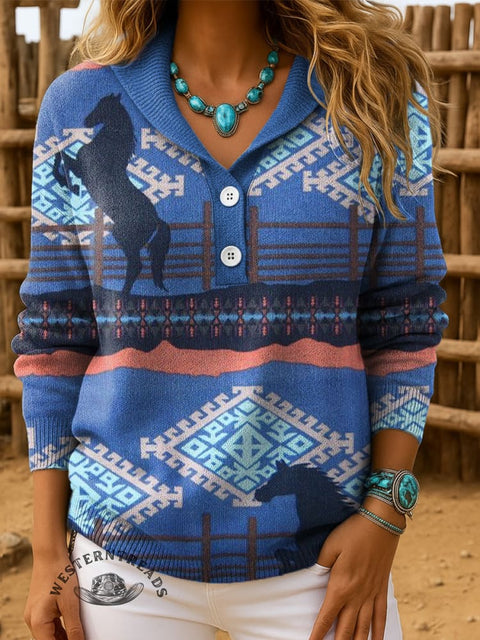 Women's Horse and Aztec Print Button-down Pullover Sweater