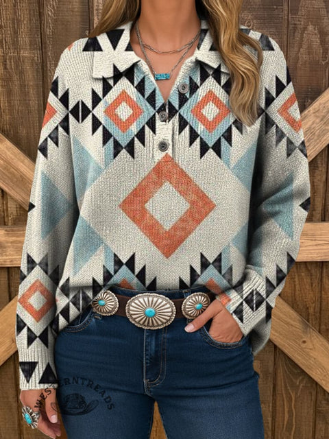Women's Aztec Print Buttoned Pullover Sweater