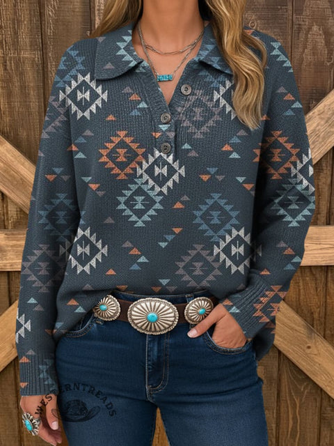 Women's Aztec Print Buttoned Pullover Sweater
