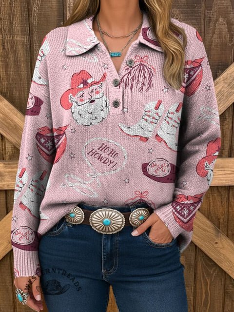 Women's Western Christmas Print Buttoned Pullover Sweater