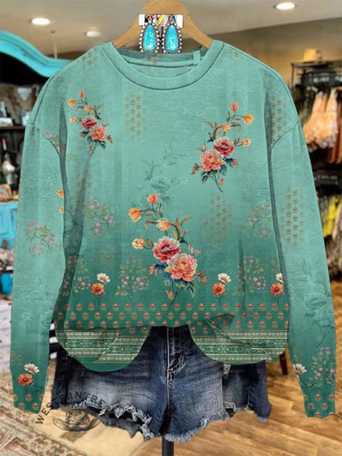 Gradient Flowers Artistic Graffiti Women's Print Casual Cotton Sweatshirt