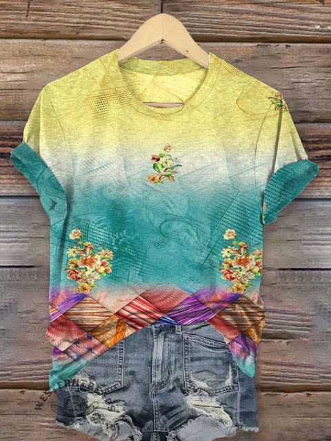 Retro Gradient Flowers Art Graffiti Women's Print T-shirt