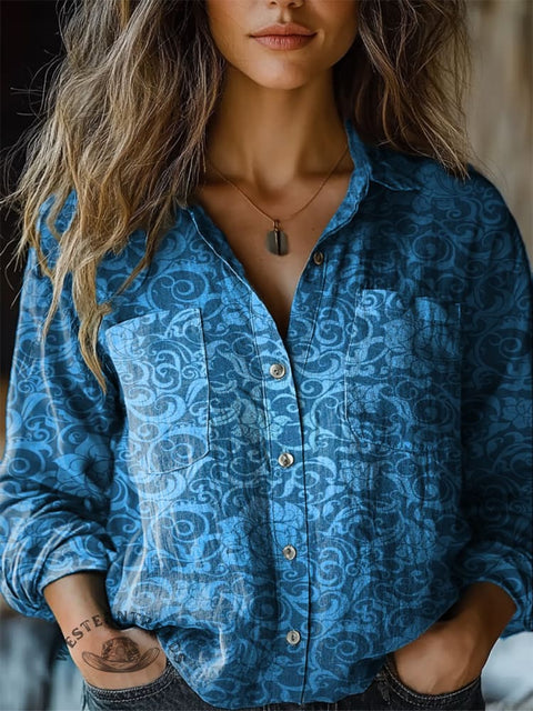 Blue Stripes Artistic Graffiti Women's Print Casual Long Sleeve Comfortable Cotton Shirt
